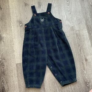 Vintage Hartstrings Baby Blue Green‎ Plaid Corduroy Logo Overall Romper 18M